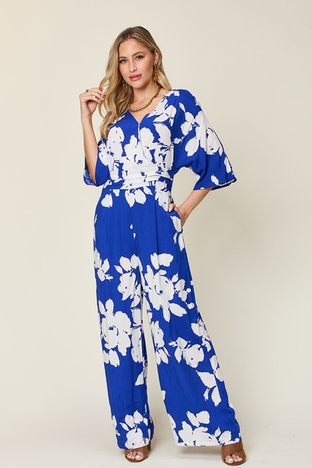 Double Take Full Size Printed Tie Back Wide Leg Jumpsuit - In Style Chics Boutique LLC