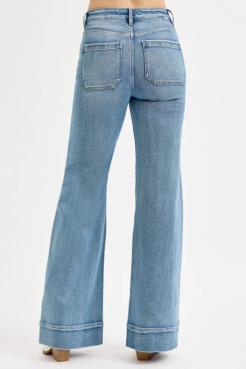 RISEN High Rise Wide Flare Jeans with Patch Pocket - In Style Chics Boutique 