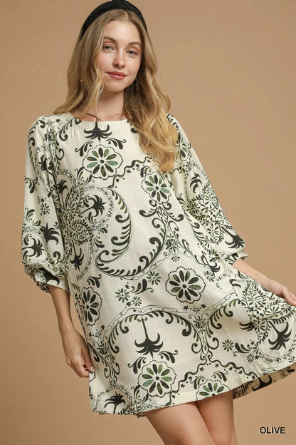 Boho Printed Balloon Sleeve Mini Dress at In Style Chics Boutique 