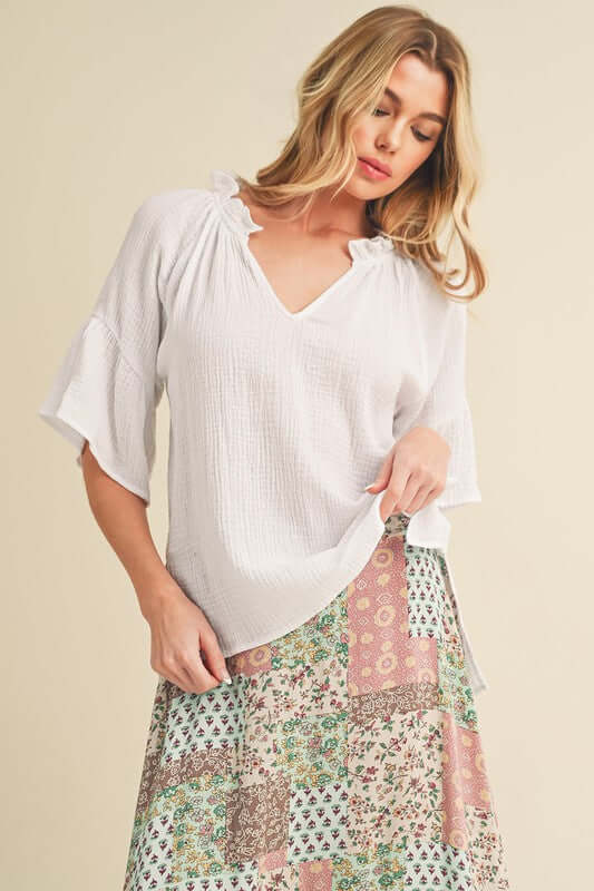 Aemi + Co Side Slit Notched Ruffled Half Sleeve Blouse - Cute Clothes Online - In Style Chics Boutique Women's Juniors Apparel 
