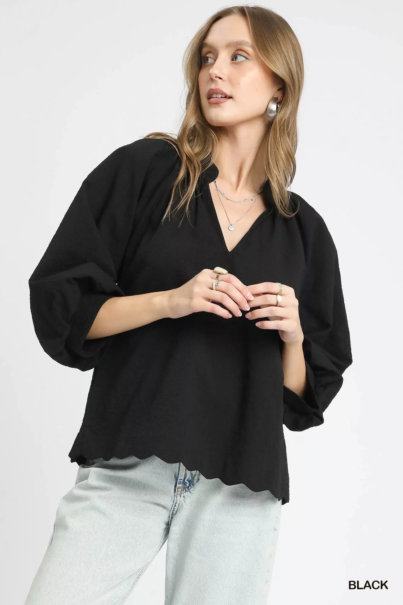 Black Blouse Textured Notched Balloon Sleeve at In Style Chics Boutique 
