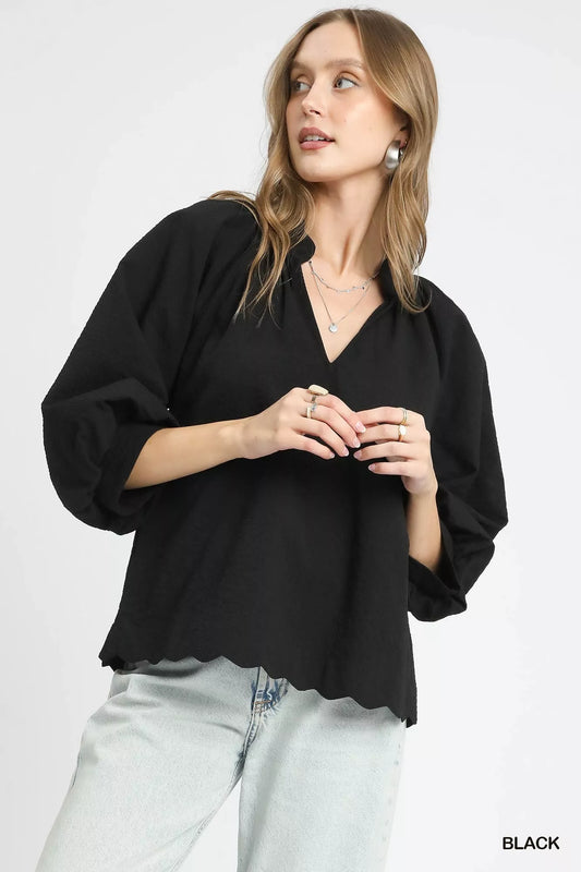 Black Blouse Textured Notched Balloon Sleeve at In Style Chics Boutique 