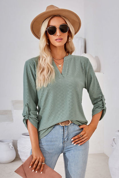 V-Neck Roll-Tap Sleeve Blouse - In Style Chics Boutique LLC