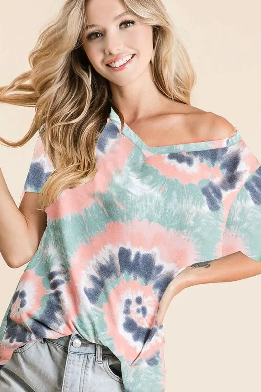 V Neck Short Sleeve Top, Tie Dye Print Terry  at In Style Chics Boutique 