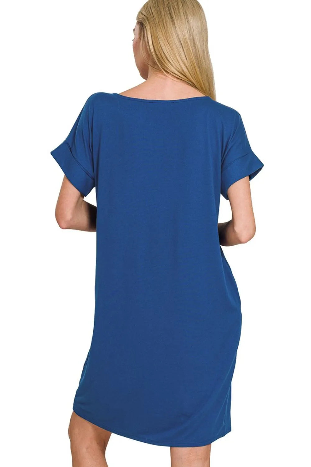 Dress in Light Navy, Rolled Short Sleeve Round Neck - In Style Chics Boutique 