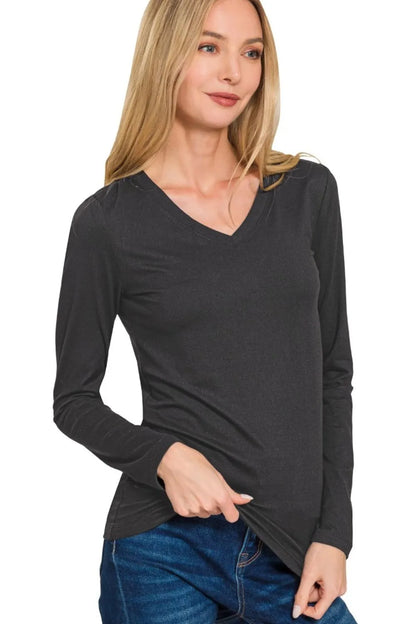 Long Sleeve V-neck Black Tee, Brushed Microfiber, In Style Chics Boutique 