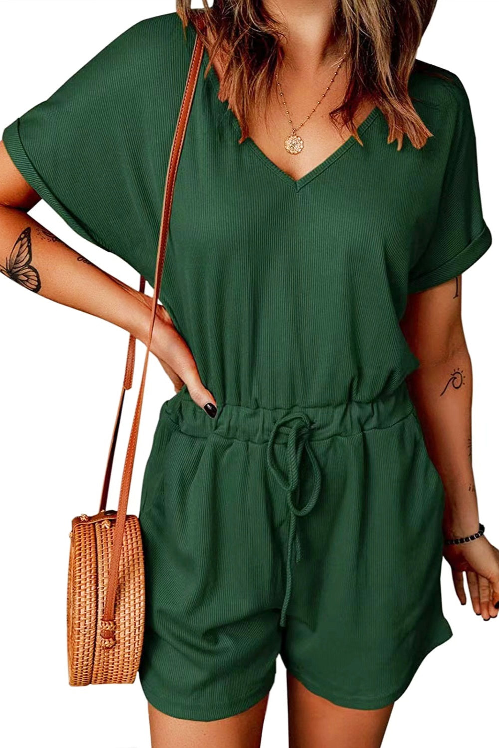 Full Size Drawstring V-Neck Short Sleeve Romper - More Colors! - In Style Chics Boutique LLC