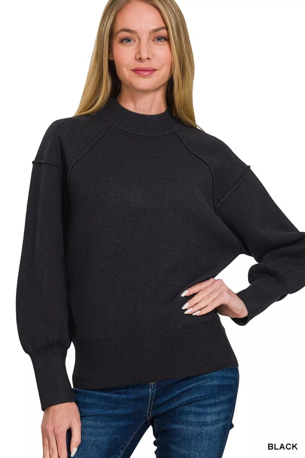 Shop Viscose Mock Neck Exposed Seam Black Sweater at In Style Chics Boutique 🖤