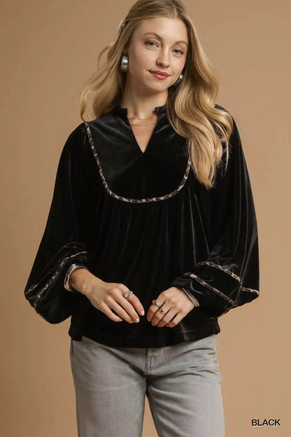 Velvet Long Sleeve Blouse with Contrast Trim at In Style Chics Boutique 