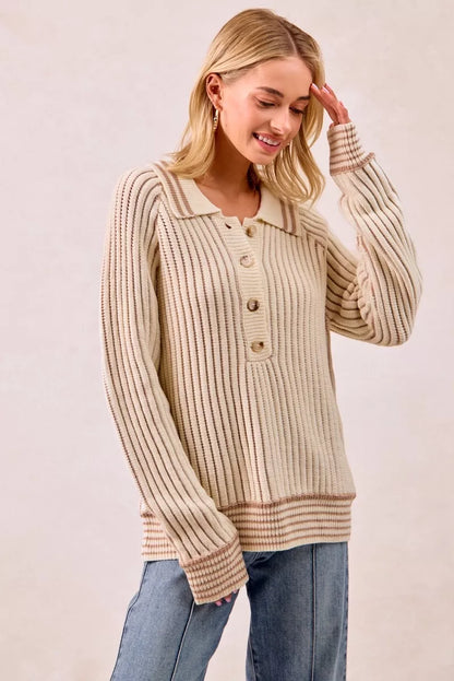 Half Button Ribbed Two Tone Sweater at In Style Chics Boutique 