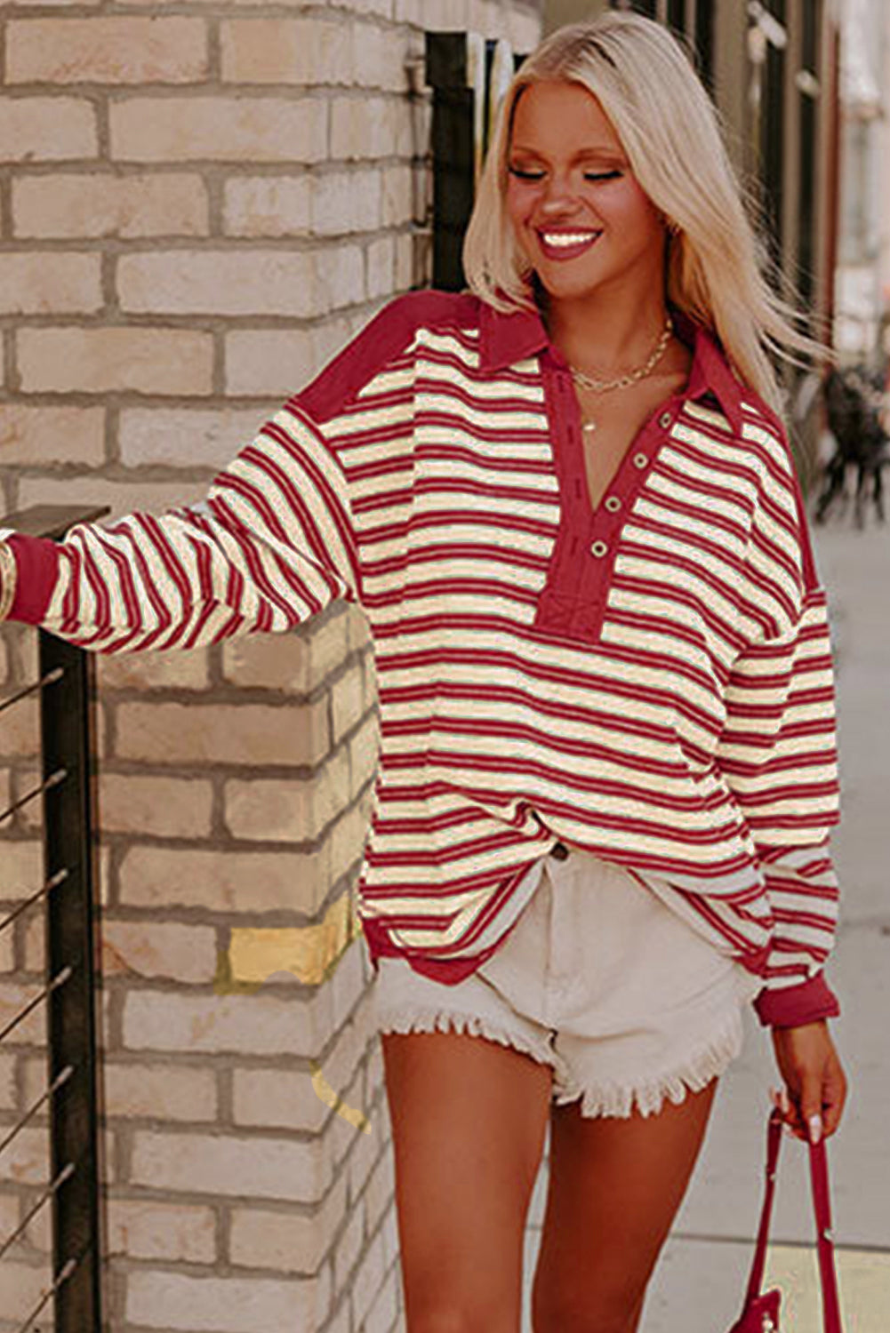 Stripe Collared V Neck Drop Shoulder Top - In Style Chics Boutique LLC