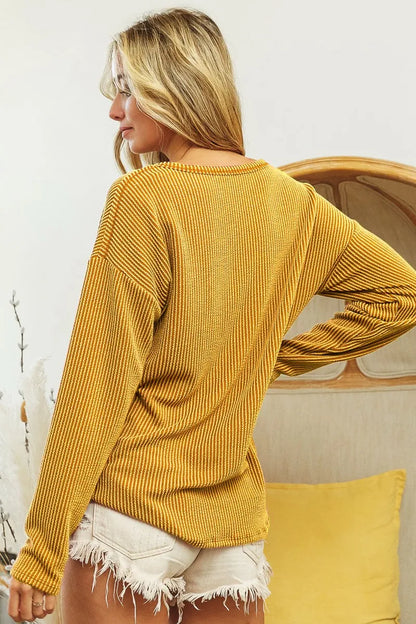 Shop Wavy Two Tone Rib Notch Neck Patch Pocket Mustard Top 💛 at In Style Chics Boutique 