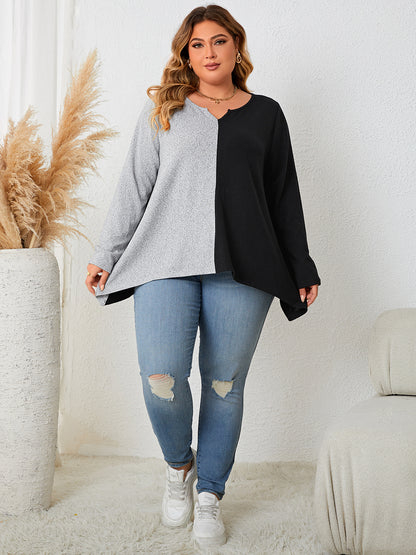 Plus Size Contrast Notched Neck T-Shirt - In Style Chics Boutique LLC