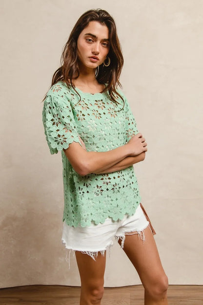 Openwork Crochet Short Sleeve Knit Top at In Style Chics Boutique 