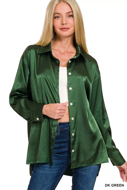 Women's Satin Button Down Long Sleeve Shirt at In Style Chics Boutique 