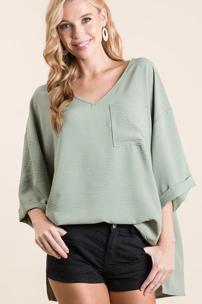 V-Neck Top,Flowy with Rolled Up Cuffs at In Style Chics Boutique 
