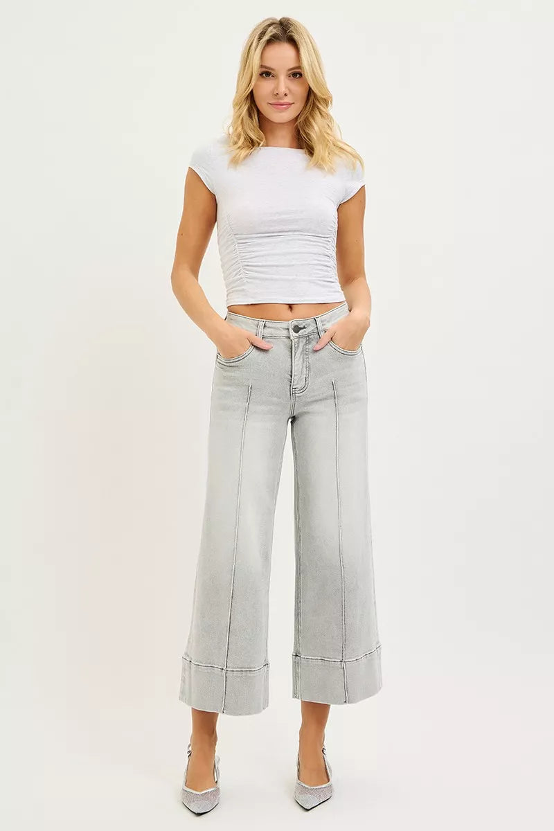 RISEN Tummy Control Mid Rise Crop Wide Pintuck Front Jeans