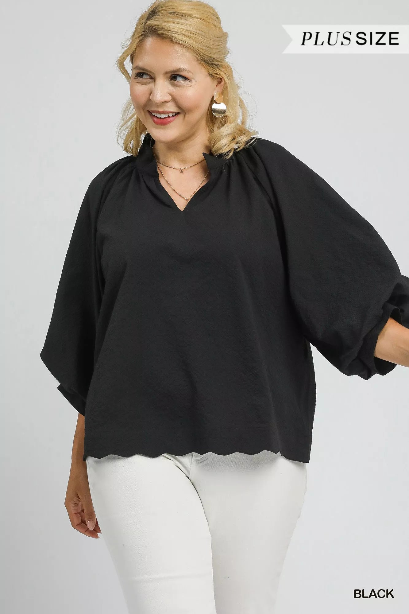 Black Blouse Textured Notched Balloon Sleeve at In Style Chics Boutique 