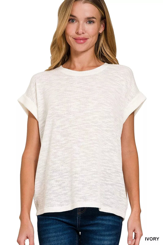Zenana Hacci Slub Rolled Up Sleeve Tee