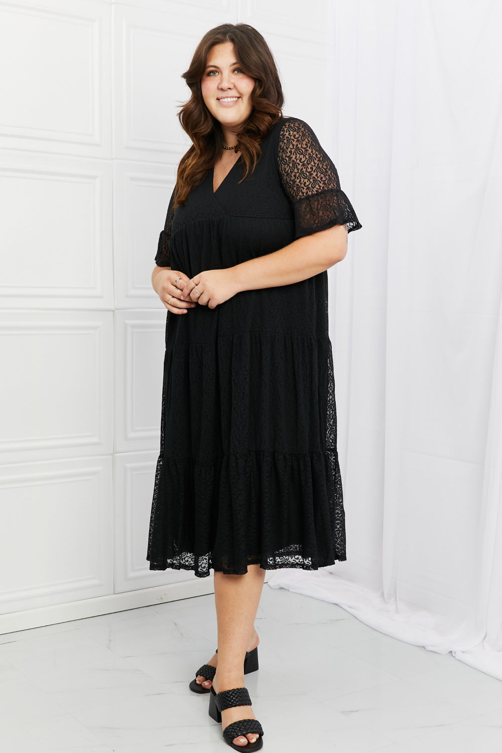 Black Lace Dress, Midi Tiered - Made in USA - In Style Chics Boutique Women's Clothes Plus Size 