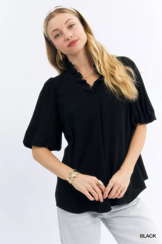Linen Scallop Trim V-Neck Blouse at In Style Chics Boutique 