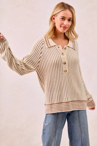 Half Button Ribbed Two Tone Sweater at In Style Chics Boutique 