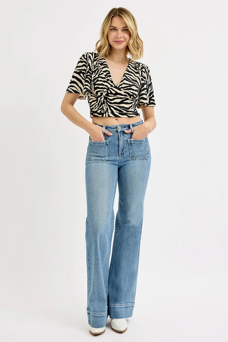 RISEN High Rise Wide Flare Jeans with Patch Pocket - In Style Chics Boutique 