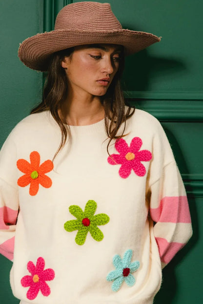 Colorful Floral Patched Sweater with Striped Sleeve at In Style Chics Boutique 