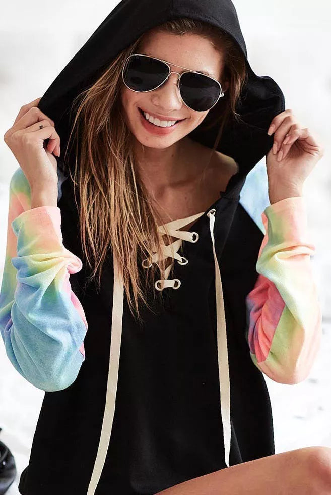 French Terry Lace Up Hoodie With Tie Dye Sleeves at In Style Chics Boutique 