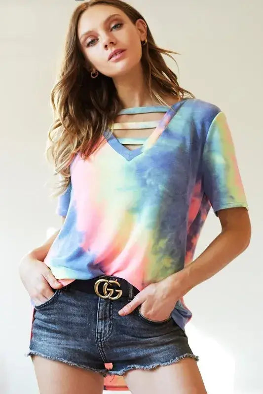 Tie-Dye V-Neck Short Sleeve T-Shirt - In Style Chics Boutique Women's Juniors Apparel Online 