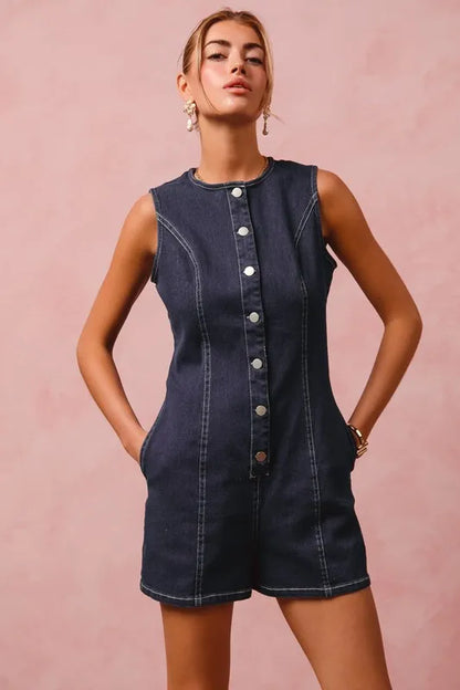 Washed Denim Sleeveless Romper Button Up Front - In Style Chics Boutique