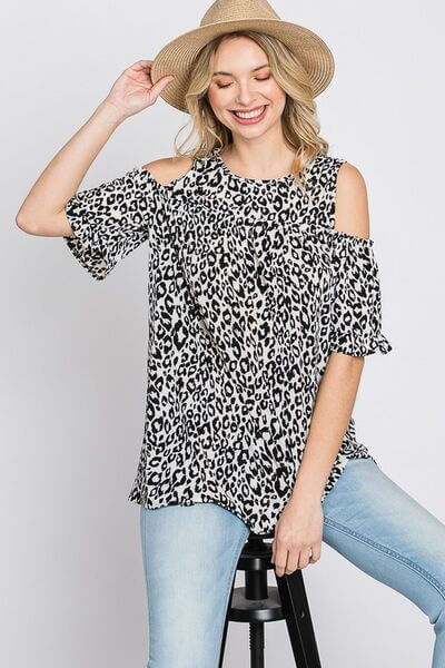 Leopard Round Neck Cold Shoulder T-Shirt Plus Size