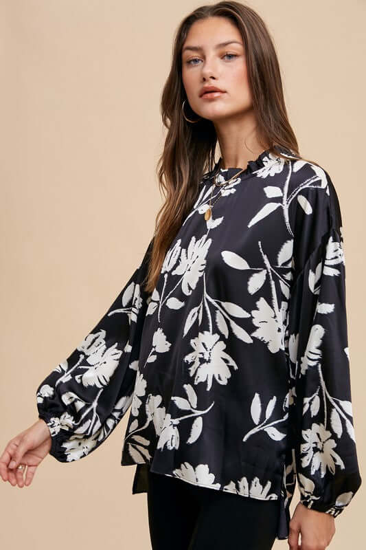 Annie Wear Frill Printed Balloon Sleeve Blouse - In Style Chics Boutique LLC