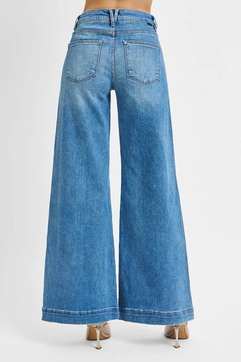 RISEN Mid Rise Wide Leg Front Patch Pocket Jeans at In Style Chics Boutique