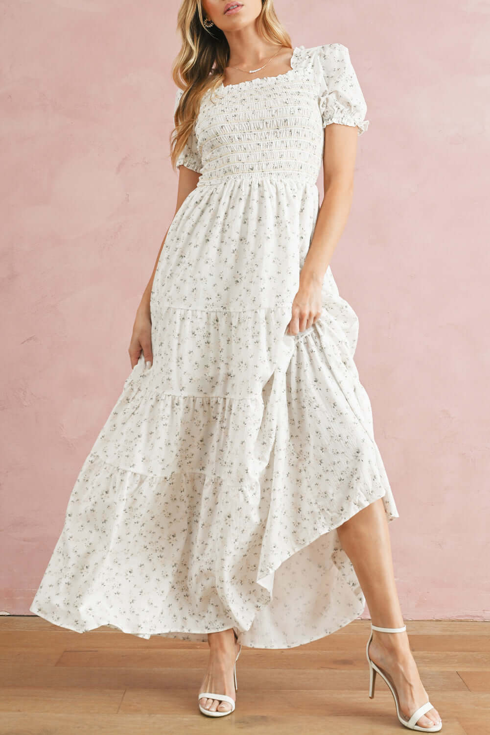 White Frill Neckline Shirred Bodice Floral Maxi Dress - In Style Chics Boutique Online Clothing Women's Juniors 