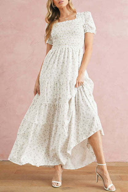 White Frill Neckline Shirred Bodice Floral Maxi Dress - In Style Chics Boutique Online Clothing Women's Juniors 