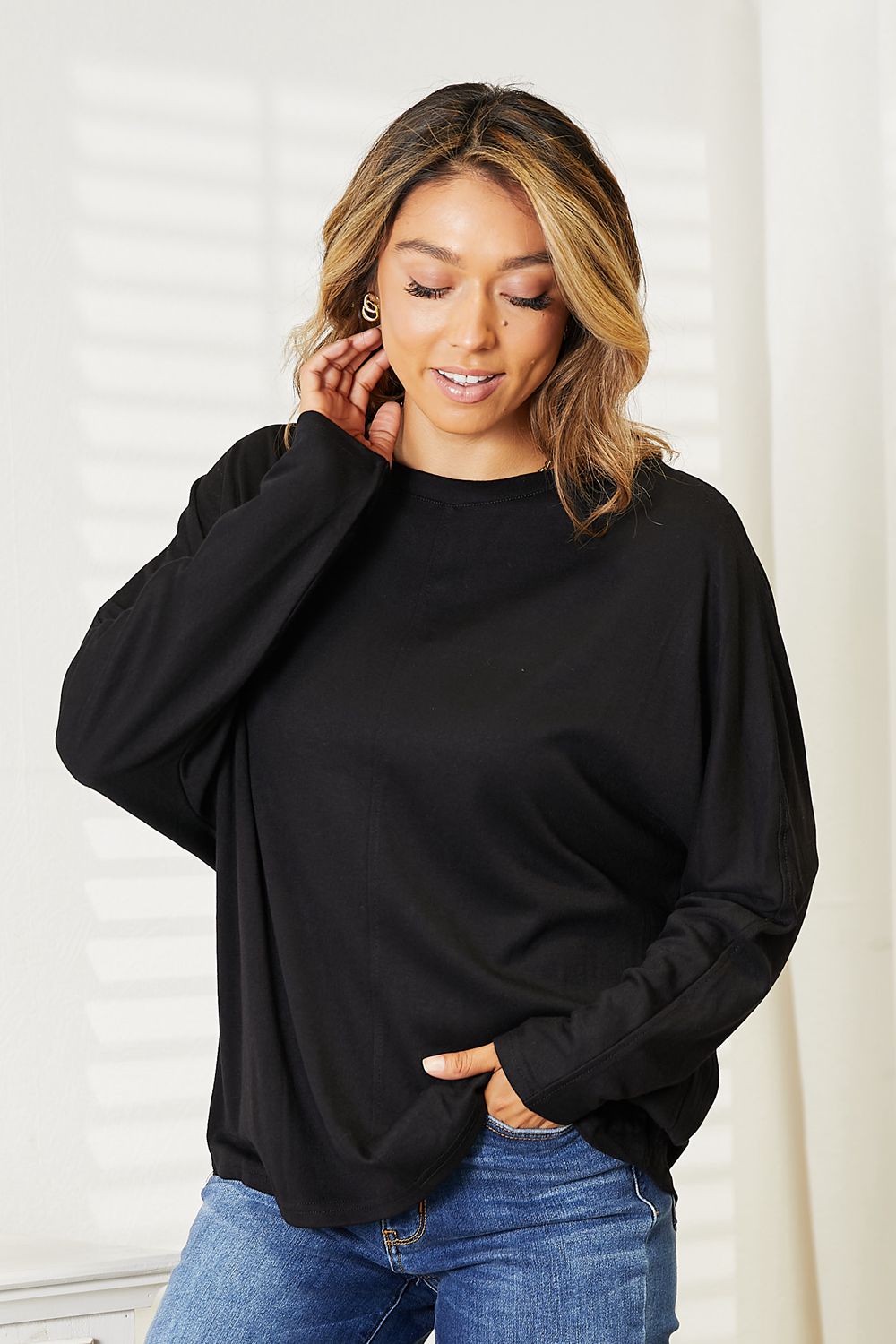 Double Take Seam Detail Round Neck Long Sleeve Top - In Style Chics Boutique LLC