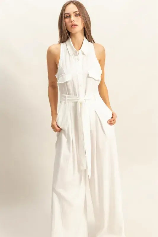 White Jumpsuit - Sleeveless Tie Waist Wide Leg - In Style Chics Boutique Women's Juniors Fashion Style Online 