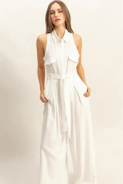 White Jumpsuit - Sleeveless Tie Waist Wide Leg - In Style Chics Boutique Women's Juniors Fashion Style Online 