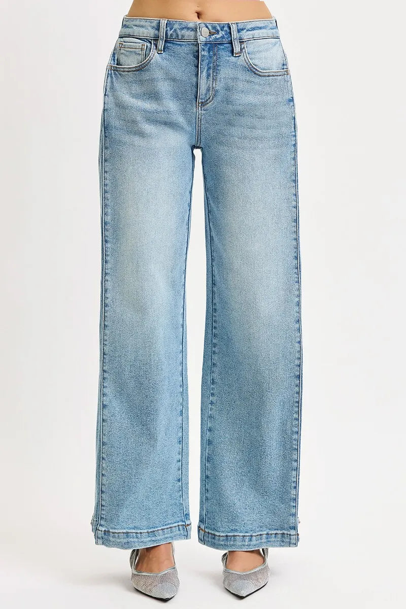 RISEN Mid Rise Wide Barrel Transferable Leg Snap Jeans at In Style Chics Boutique