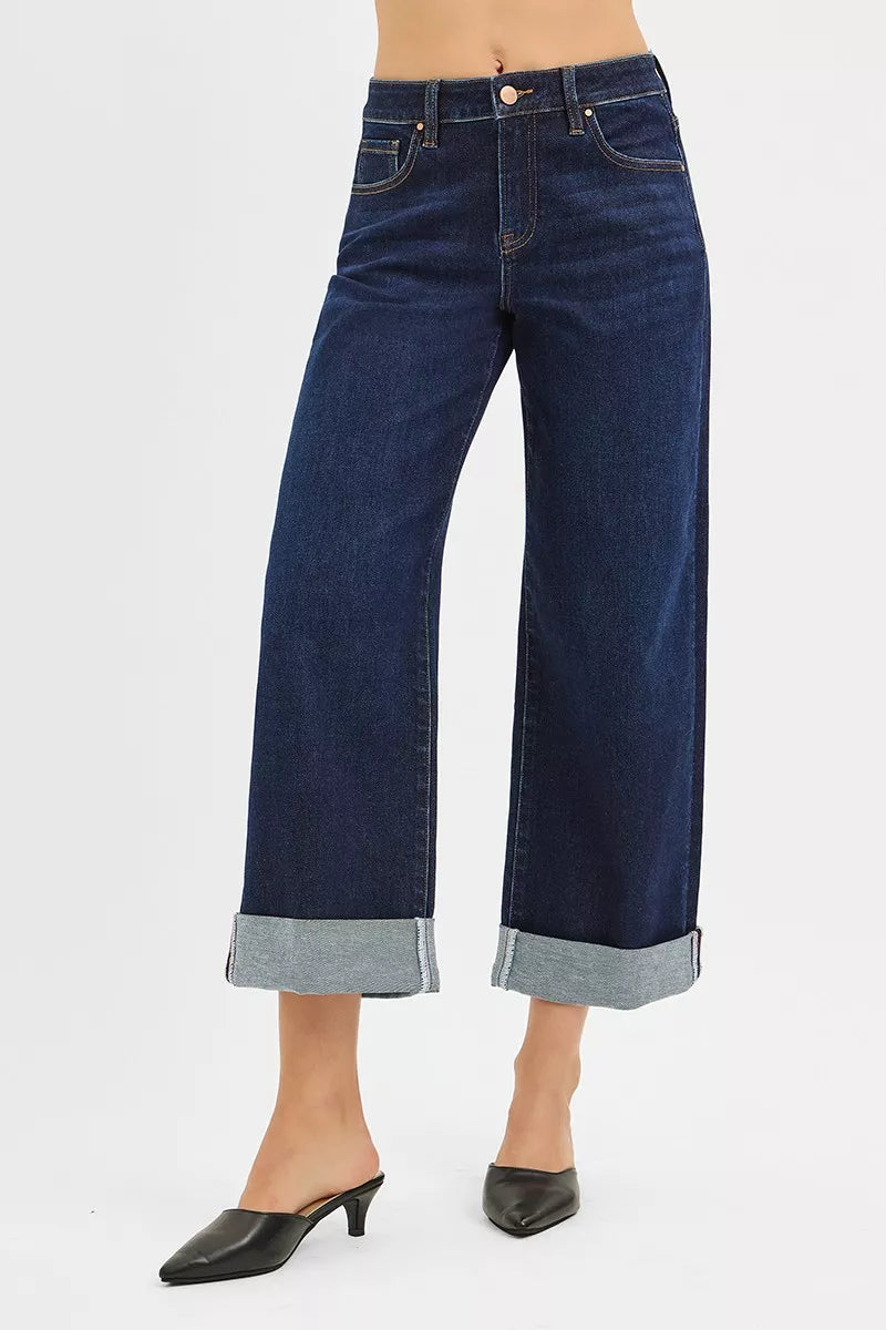 RISEN Mid Rise Fit Ankle Wide Roll Up Jeans at In Style Chics Boutique 