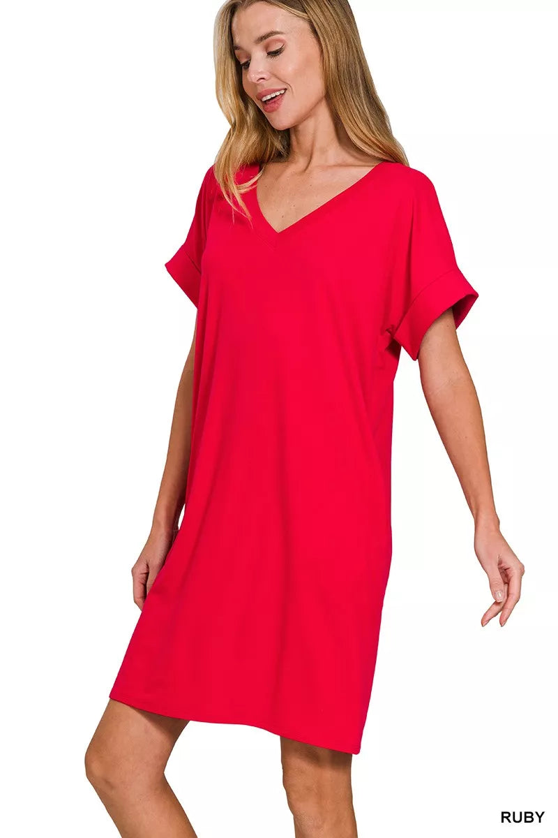 Zenana Brushed DTY Rolled Short Sleeve V-Neck Dress