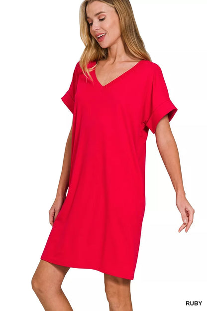 Zenana Brushed DTY Rolled Short Sleeve V-Neck Dress