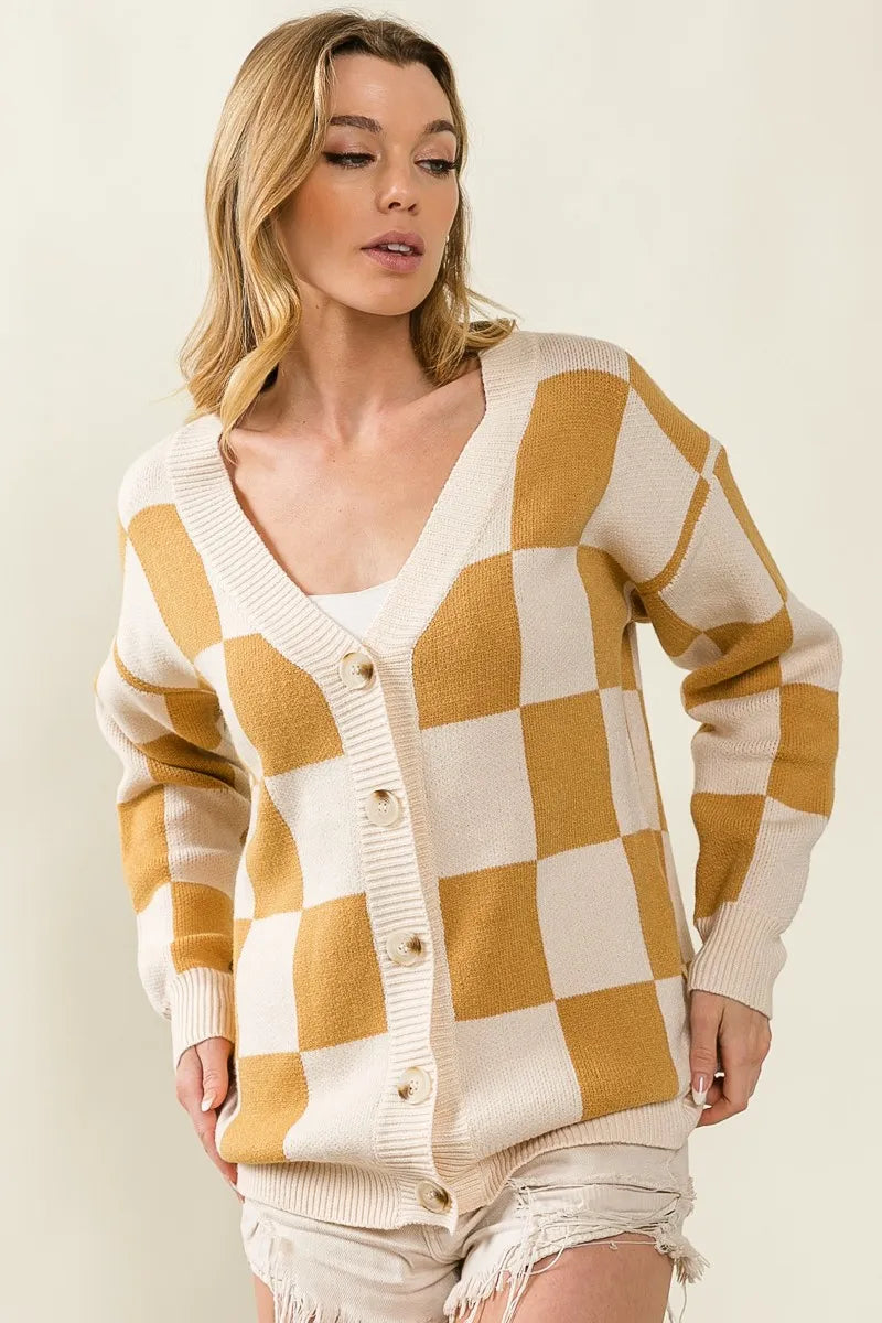 Checked V-neck Cardigan at In Style Chics Boutique 