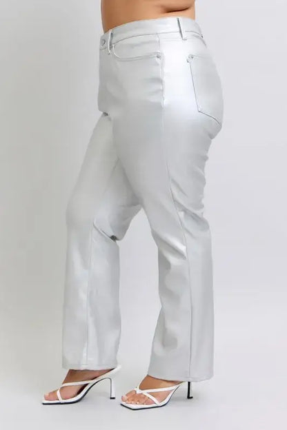 Judy Blue High Waist Silver Faux Leather Pants - In Style Chics Boutique Women's Juniors Plus Size Apparel Online 
