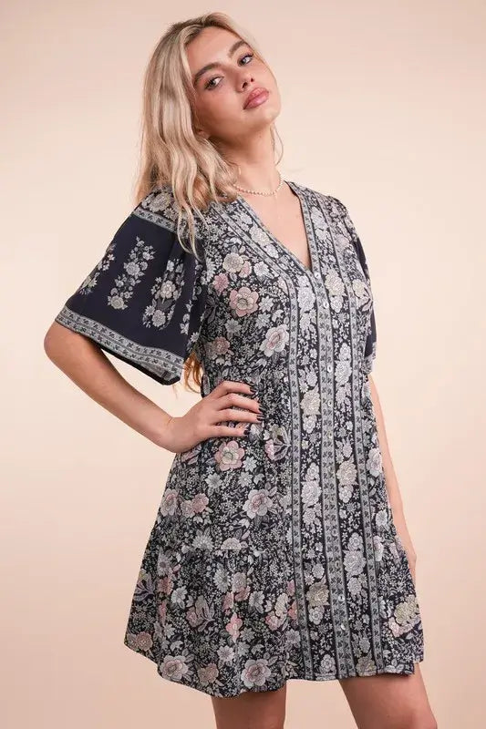 Shirring Detail Printed Woven Mini Dress - In Style Chics Boutique 