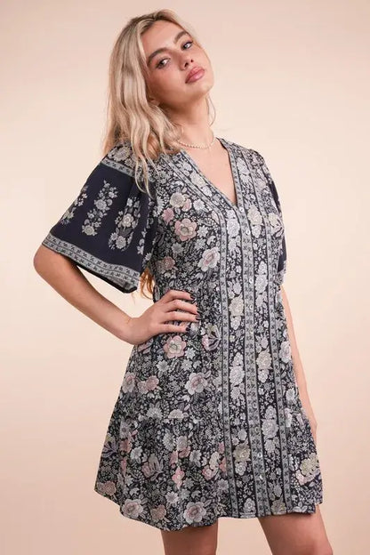 Shirring Detail Printed Woven Mini Dress - In Style Chics Boutique 