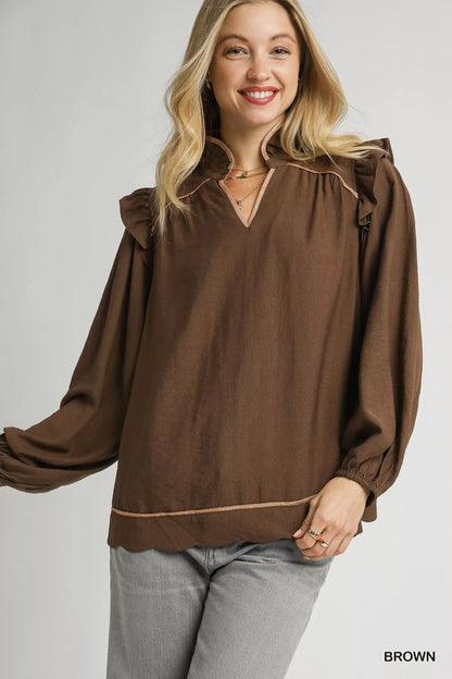 Shop Ruffle Shoulder Long Sleeve Blouse at In Style Chics Boutique 