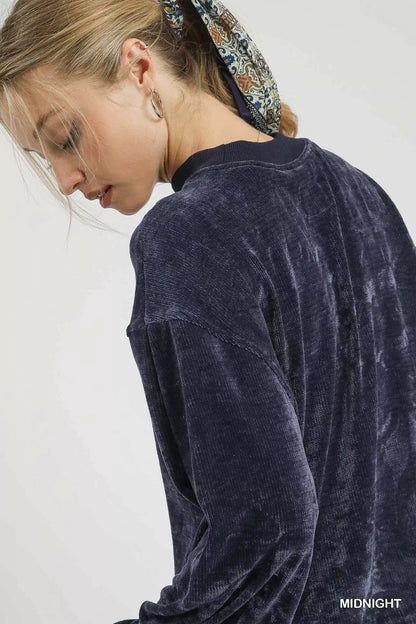 Velour Crewneck Sweatshirt with Balloon Sleeves at In Style Chics Boutique 