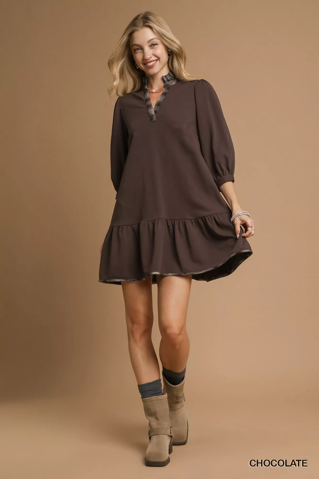 French Terry Ruffle Hem Dress with Plaid Trim at In Style Chics Boutique Fall Fashion Must Haves